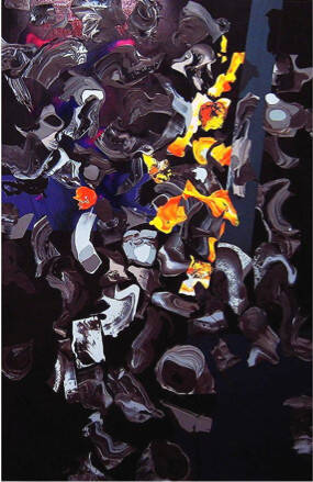 Abstract painting with a black background, with areas of color throughout.